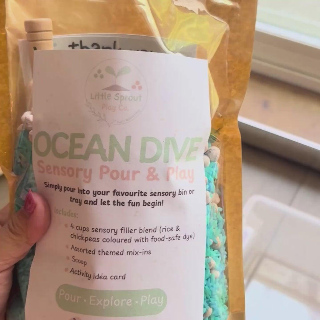 video of sensory play pouch being dumped out into sensory bin. 
